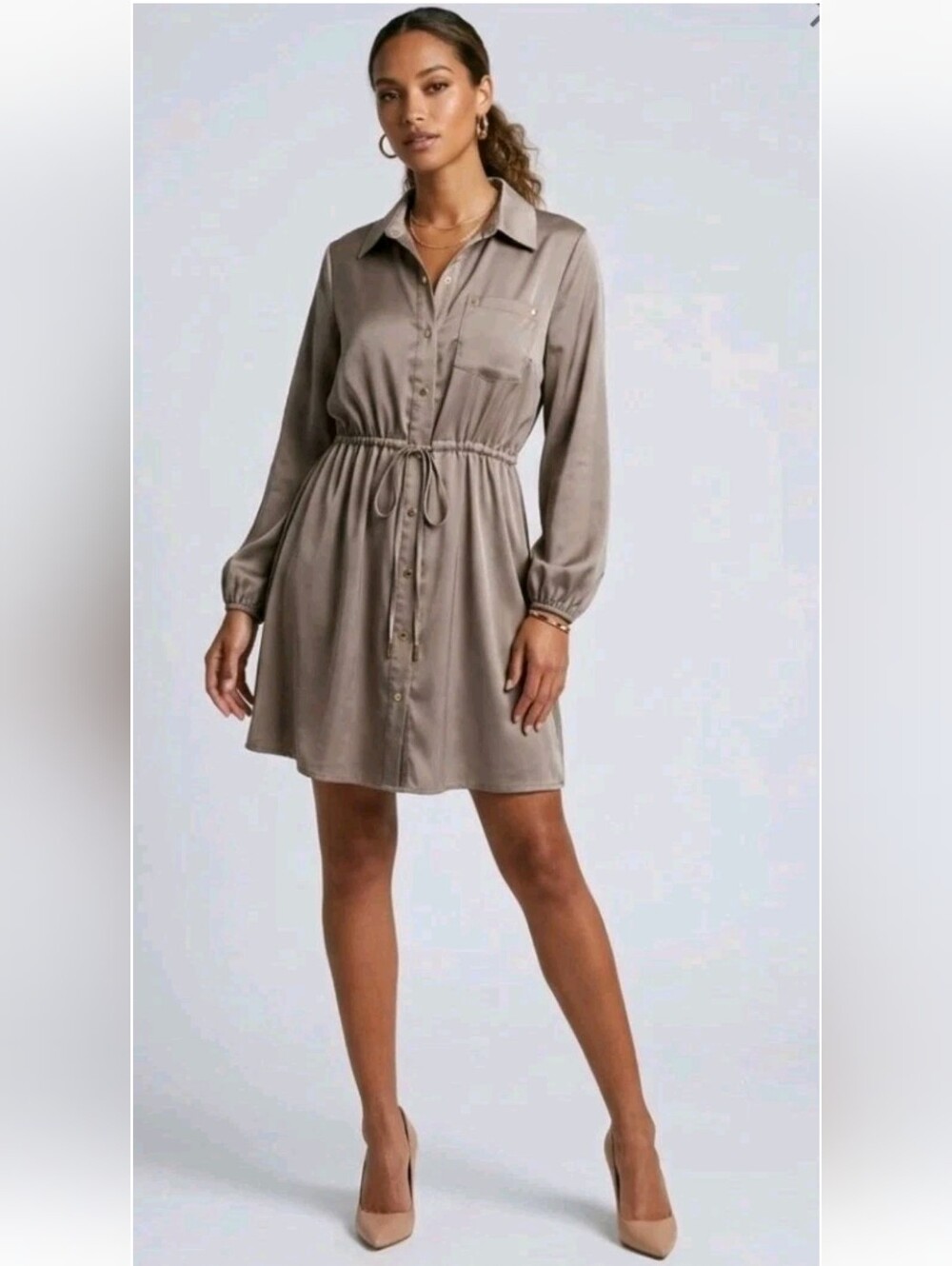 Justify Satin Shirt Dress Snap Down Mini Cinch Waist  Taupe Gray Holiday L NEW